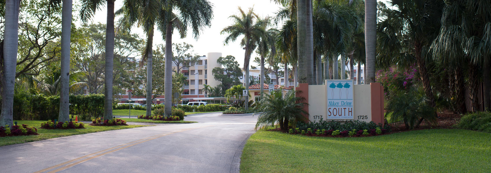 Sign to the entrance of Abbey Delray South a retirement community in Delray Beach Florida