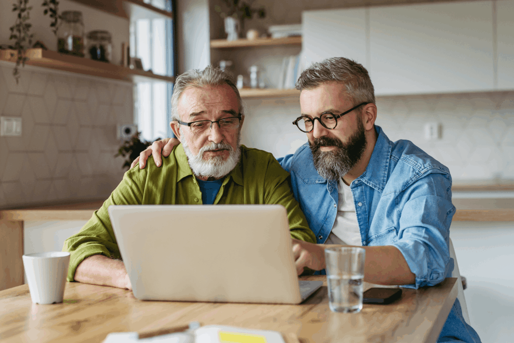 Two men with beards and glasses sit at table using laptop together.