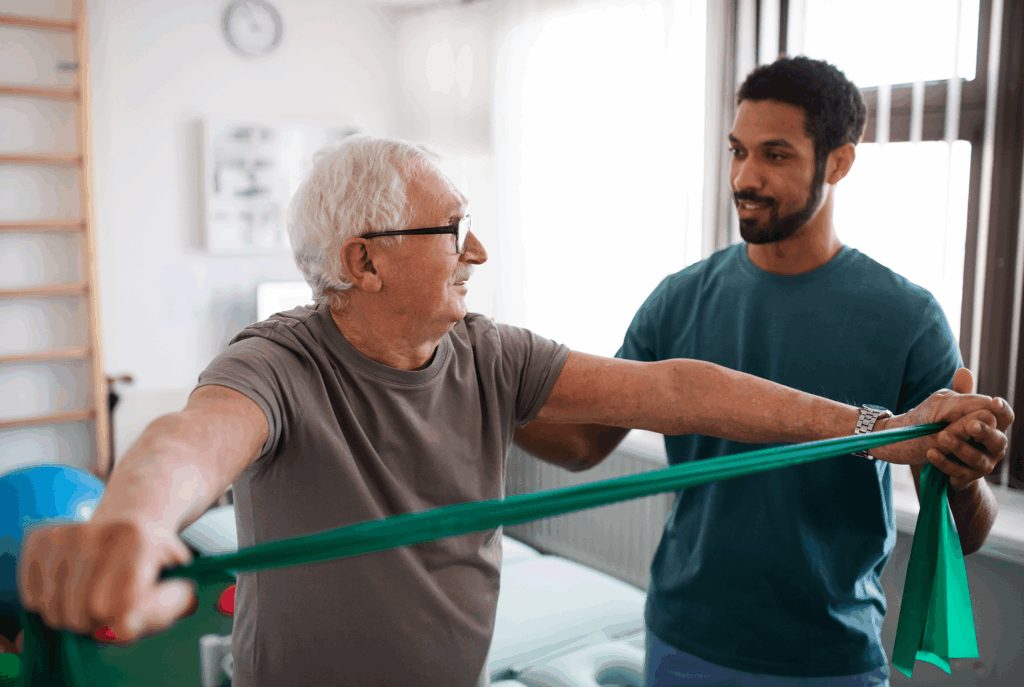 A therapist assists an elderly man with resistance band exercise indoors.