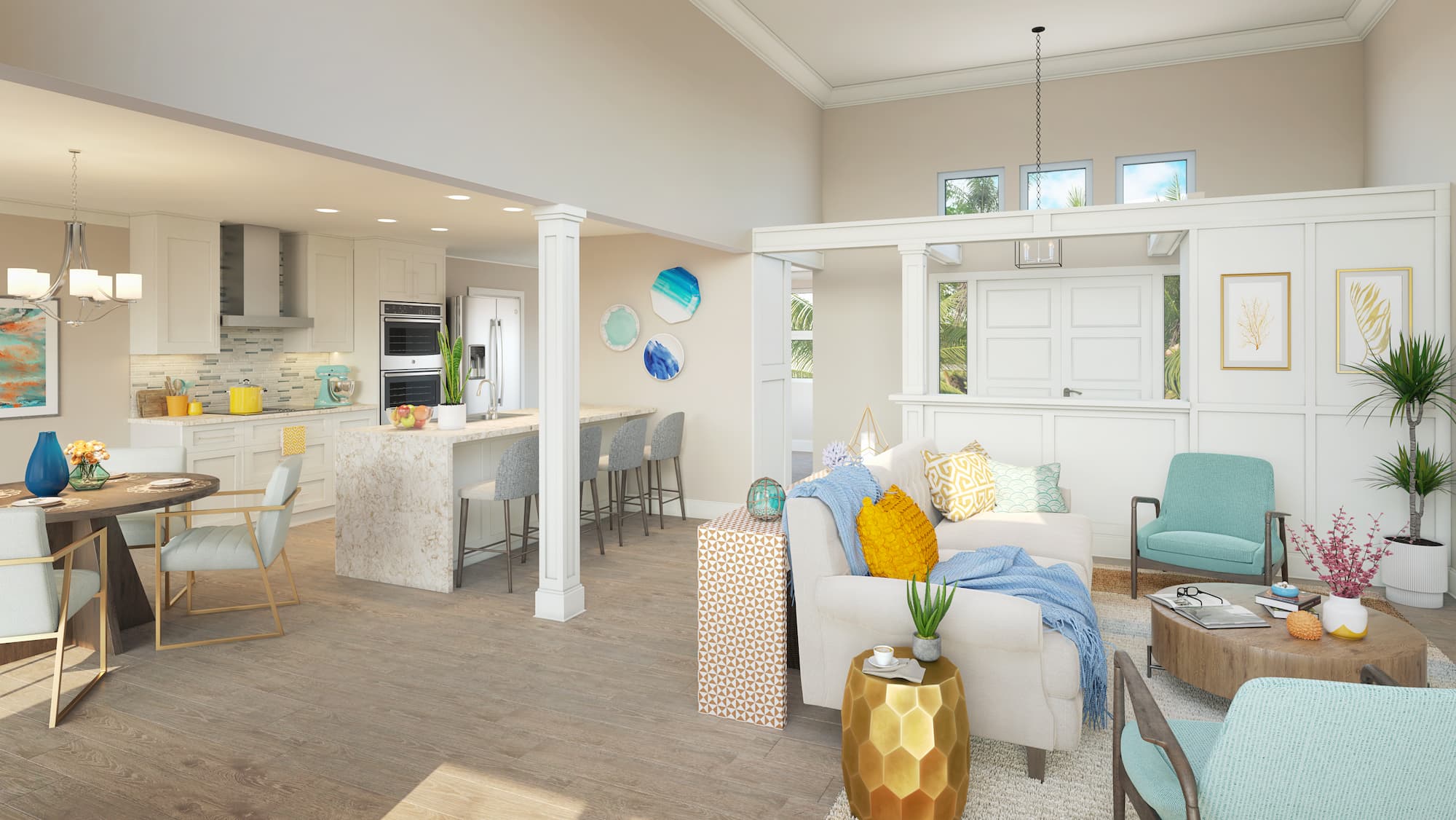 A rendering of a colorfully decorated Garden Home living room and kitchen.
