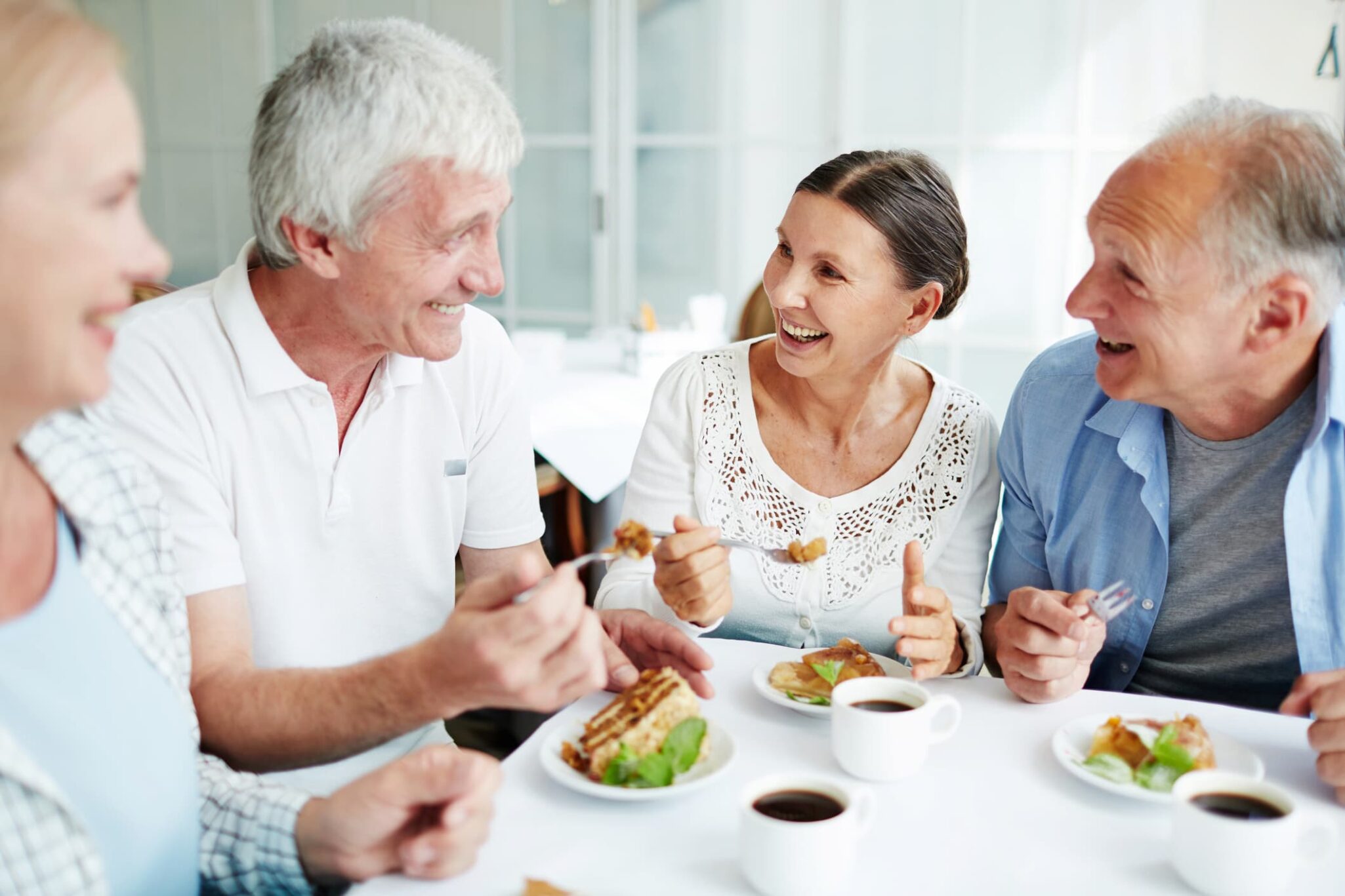 Senior couples eating meal and talking in retirement home